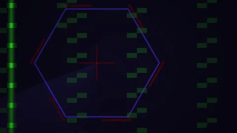 Digital Scanner Interface with Rotating Red Lines and Green Pixel Blocks Stock Footage 343694240