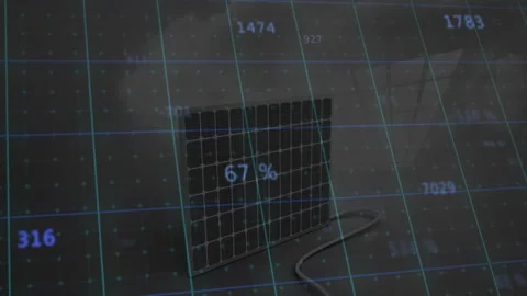 Digital scene opening showing solar panel on data grid receiving numeric data Stock Footage 310973288