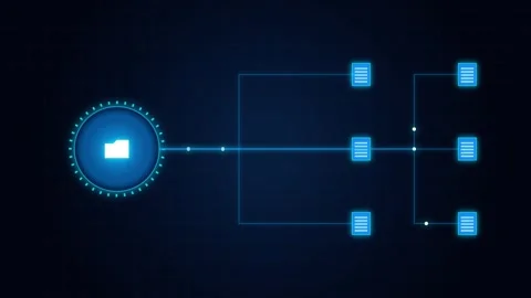 Digital schematic representation of data flow from a central file icon thro.. Stock Footage 345853022