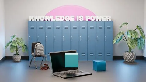 Digital school render with lockers, laptop, plants, and Knowledge Is Power .. Stock Illustration
