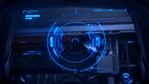 Digital sci-fi interface loop with neon circles and signal overlays. Video stock 312631642