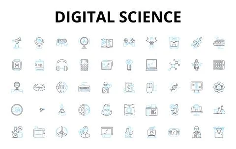Digital science linear icons set. Algorithm, Analytics, Big Data, Blockchain Stock Illustration