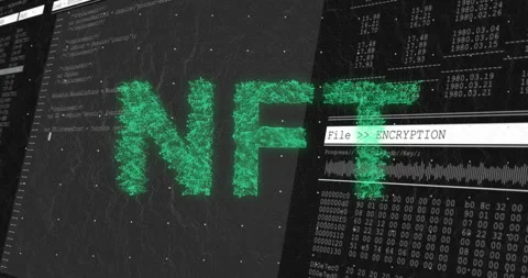 On digital screen, animation of NFT text with encryption code processing data Stock Footage 303563570