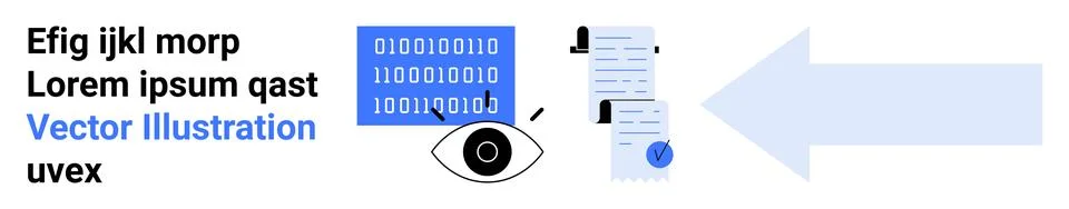 Digital screen with binary code, eye icon, documents, and blue arrow signalin Stock Illustration