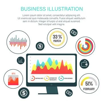 Digital screen displaying colorful analytic graphs and charts. Ideal for busi Stock Illustration
