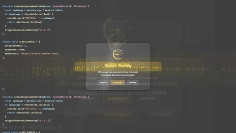 Digital screen displaying complex computer code with a system warning alert and 库存影片 340217263