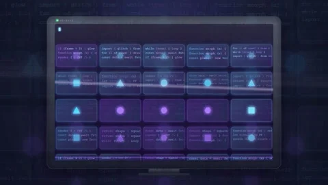 Digital screen displaying complex computer code and data processing with Stock Footage 343172003