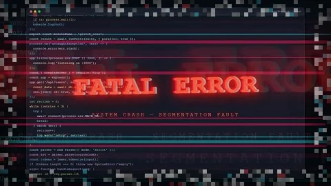 Digital screen displaying computer code with red fatal error and segmentation Stock Footage 343153404