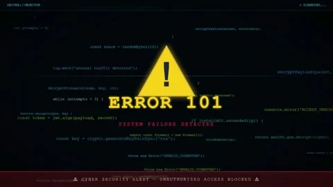 Digital screen displaying computer code with a yellow warning sign and system Stock Footage 345765479