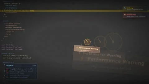 Digital screen displaying computer programming code with system performance 스톡 동영상 340216938