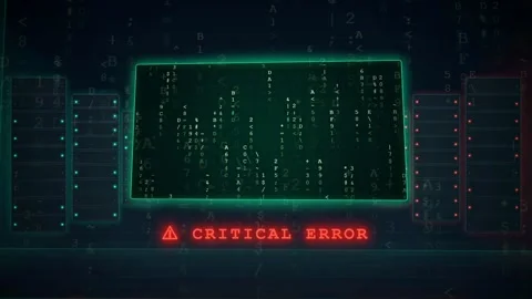 Digital screen displaying critical error message with glitching binary code and Stock-Footage 343157083