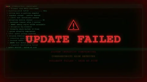 Digital screen displaying a critical system update failed error with Stock Footage 345766355