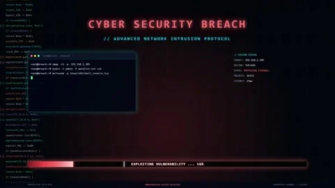 Digital screen displaying cyber security breach alert with scrolling code and Stock Footage 345765349