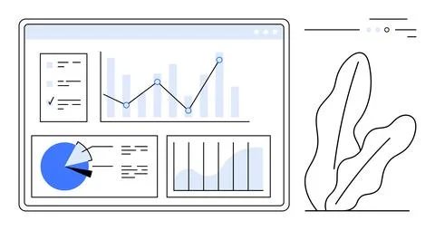 Digital screen displaying data analytics with pie chart, bar graphs, and line Illustrazione stock