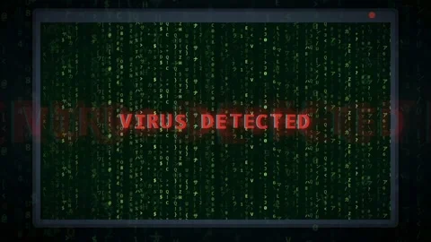 Digital screen displaying green binary code with a red virus detected warning Stockbeeldmateriaal 341834279