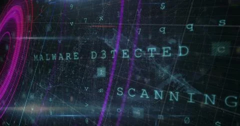 Digital screen displaying MALWARE DETECTED and SCANNING in futuristic font Stock Photos