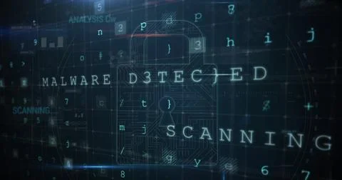 Digital screen displaying MALWARE DETECTED with various codes and symbols Foto stock
