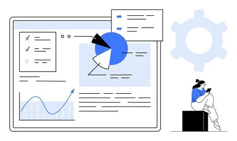Digital screen displaying pie chart, line graph, and checklists. Person with  Illustrazione stock