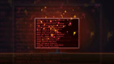 Digital screen displaying red computer error messages and system failure code Stock Footage 343156620