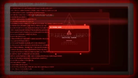Digital screen displaying red critical system error alert with scrolling Stock Footage 343170147