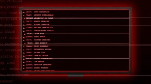 Digital screen displaying red system error messages and kernel panic warnings Stock Footage 343164085