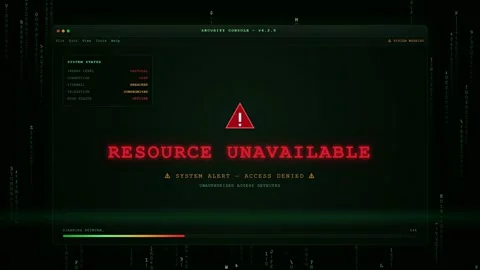 Digital screen displaying resource unavailable error message with red warning Stock Footage 345765862