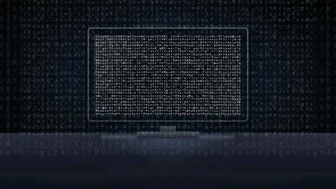 Digital screen displaying scrolling binary code and data streams in a dark Video stock 343160585