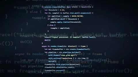 Digital screen displaying scrolling computer code and programming scripts on a Stock Footage 336772472