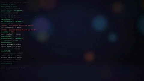 Digital screen displaying scrolling computer code with blurred bokeh lights in Stock Footage 336772619