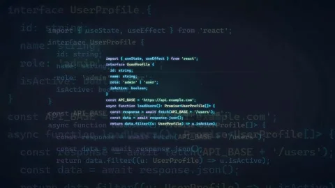 Digital screen displaying scrolling computer code for software development and Stock Footage 336772844