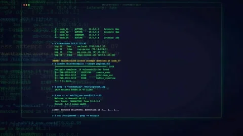 Digital screen displaying scrolling computer code and security alert messages Stock Footage 336774137