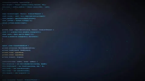 Digital screen displaying scrolling computer code for artificial intelligence Stock Footage 336774928