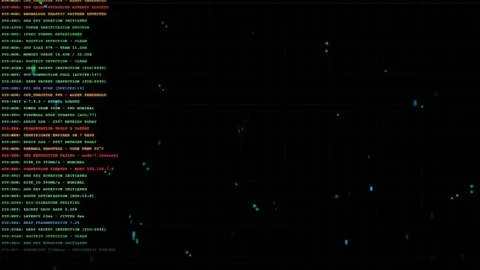 Digital screen displaying scrolling computer code and data processing on a dark Stock Footage 336774937