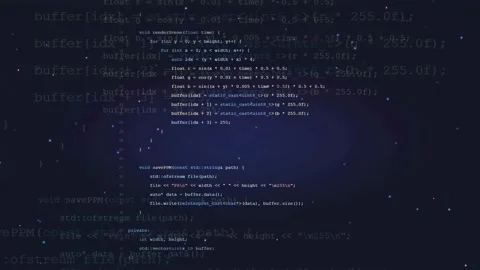 Digital screen displaying scrolling computer code with glowing particles on a Stock Footage 336775750