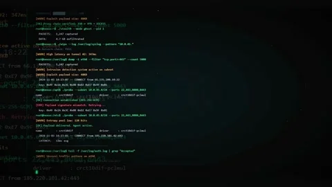 Digital screen displaying scrolling computer code and network security data in Stock Footage 336778417
