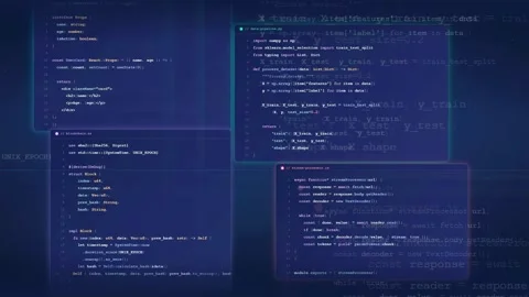 Digital screen displaying scrolling computer code and programming scripts on a Stock Footage 336778493