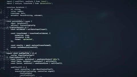 Digital screen displaying scrolling computer code and programming scripts with Stock Footage 336779525