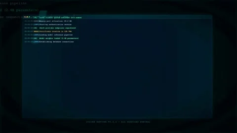 Digital screen displaying scrolling computer code and system logs on a dark Stock Footage 336780304