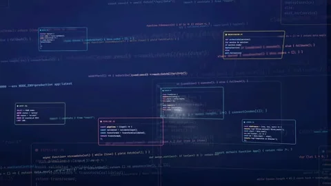 Digital screen displaying scrolling computer code and programming scripts for Stock Footage 339949292