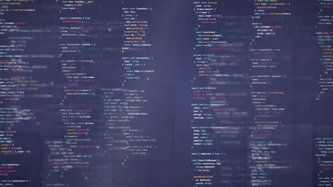 Digital screen displaying scrolling computer programming code with blue light Stock Footage 339949662