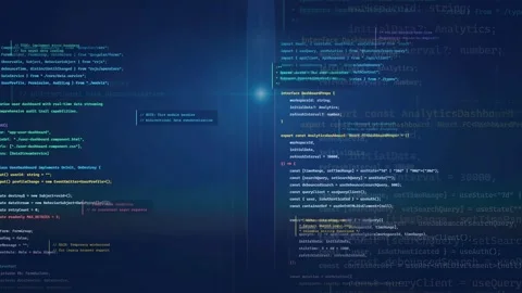 Digital screen displaying scrolling computer code and programming scripts for Stock Footage 339959959