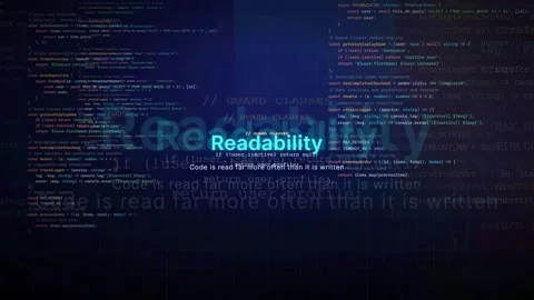 Digital screen displaying scrolling computer programming code with text about Stock Footage 339965670