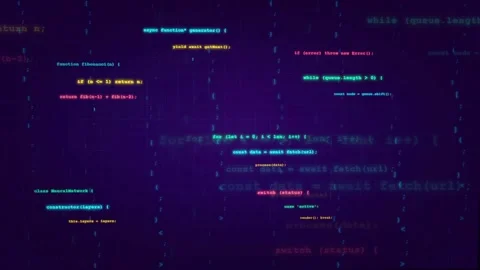 Digital screen displaying scrolling computer code with blue and purple neon Stock Footage 339966851