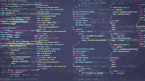 Digital screen displaying scrolling computer code and programming scripts for Stock Footage 339967016