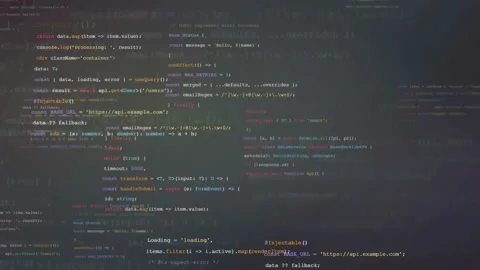 Digital screen displaying scrolling computer code and programming scripts for Stock Footage 339968611