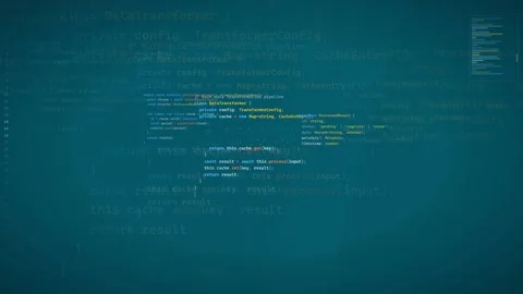 Digital screen displaying scrolling computer code and programming scripts for Stock Footage 339975543