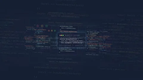 Digital screen displaying scrolling computer code with highlighted syntax for Stock Footage 339976459
