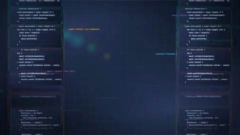 Digital screen displaying scrolling computer code for software development and Stock Footage 339976635