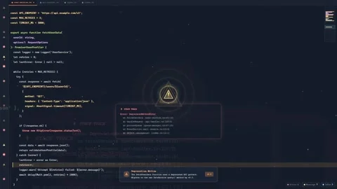 Digital screen displaying scrolling computer programming code with futuristic 스톡 동영상 340216409