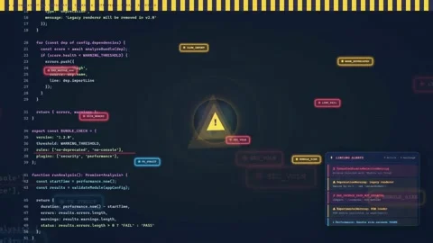 Digital screen displaying scrolling computer code and software programming Vidéo 340218781